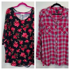 Bundle of 2 Plus Size Womens 3X Pink Tops Torrid Bobbie Brooks Roses Plaid